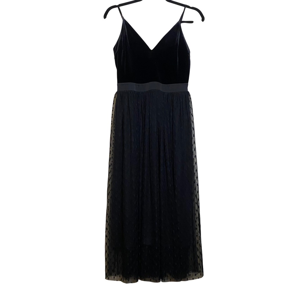 Express Women Black Velvet Swiss Dot Tulle Midi Dress Adjustable Straps Size S